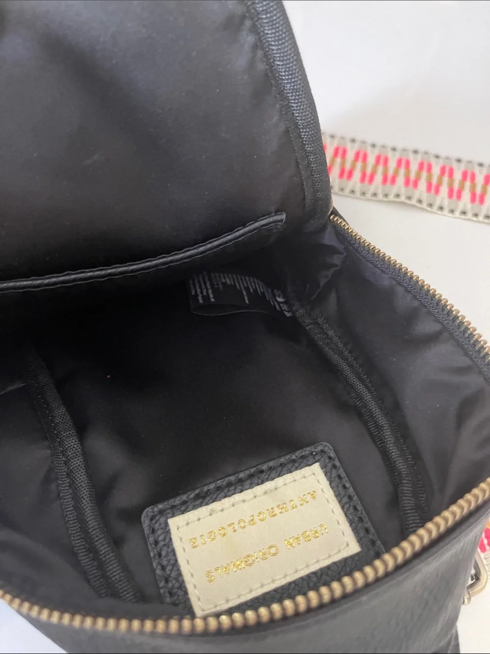 Anthropologie Urban Originals Black Crossbody Bag with Neon Pink and Cream Strap